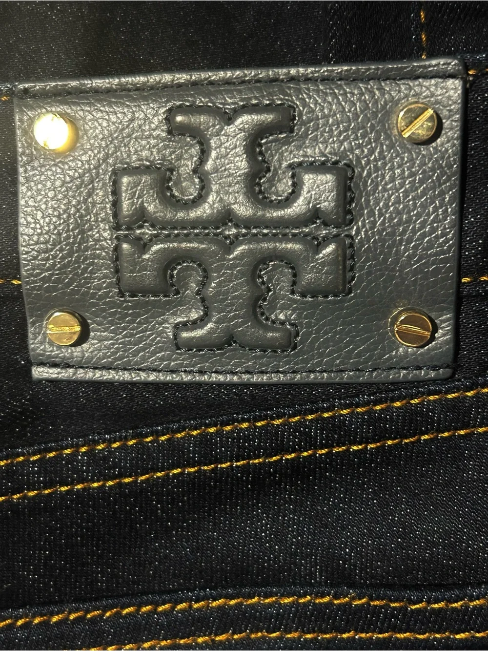 Tory Burch Straight Leg Jeans Dark Wash Denim w/ Leather Logo Patch - Size 30